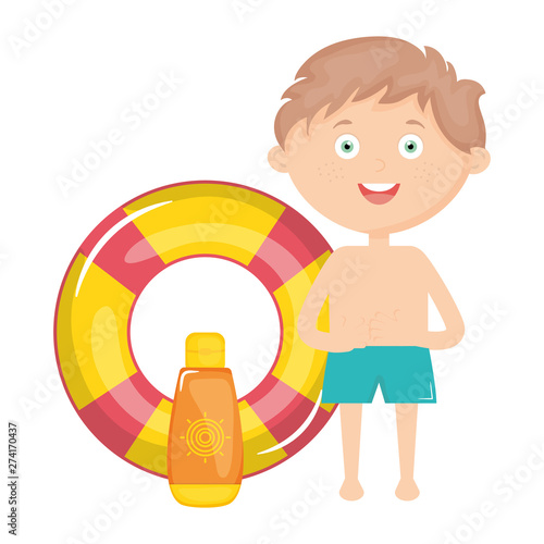 little boy with solar blocker and float