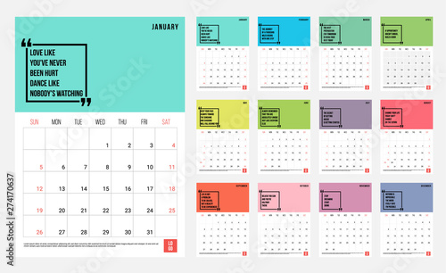 2020 Calendar - illustration. Template. Mock up Week starts Sunday