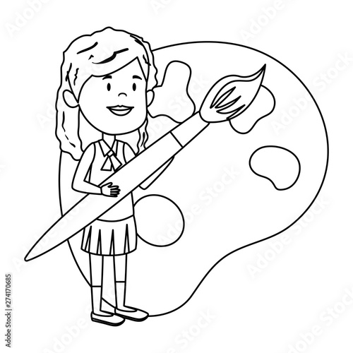 happy student girl painting with paintbrush and pallette