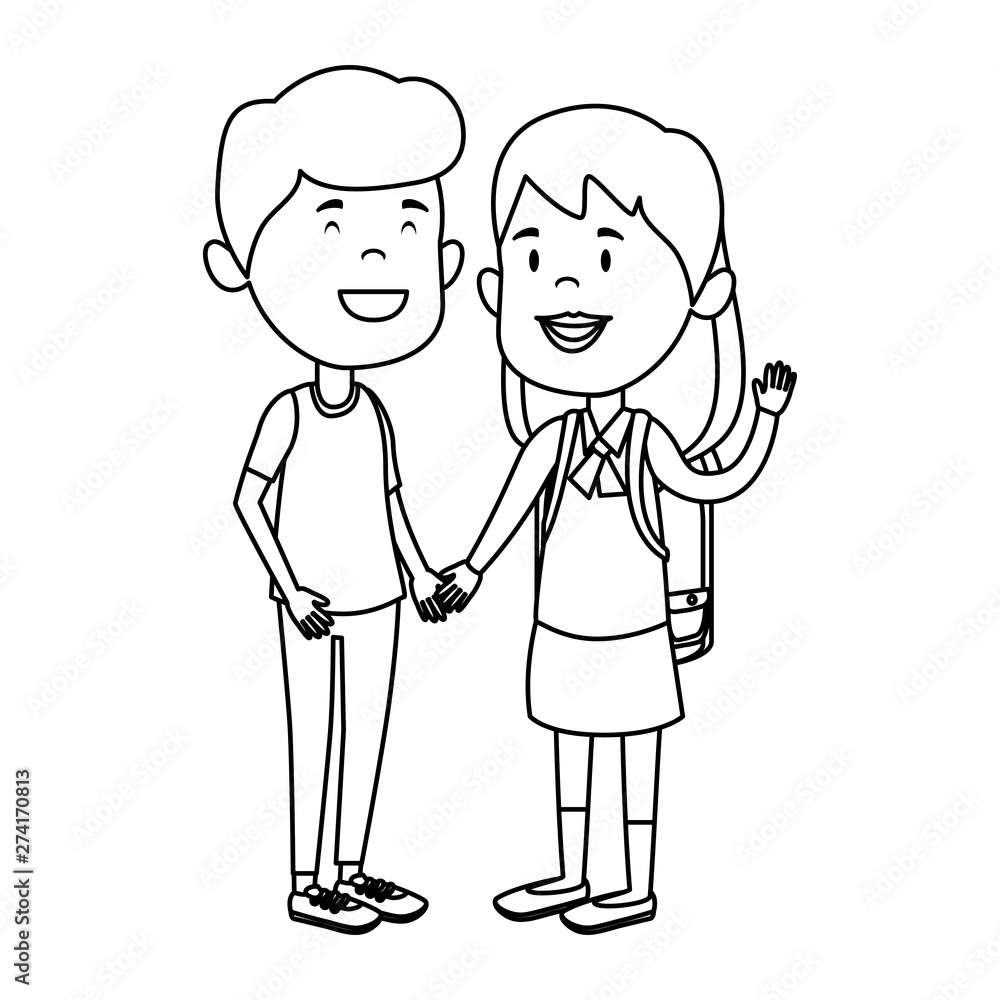 happy little students couple with schoolbag happy little students couple with schoolbag