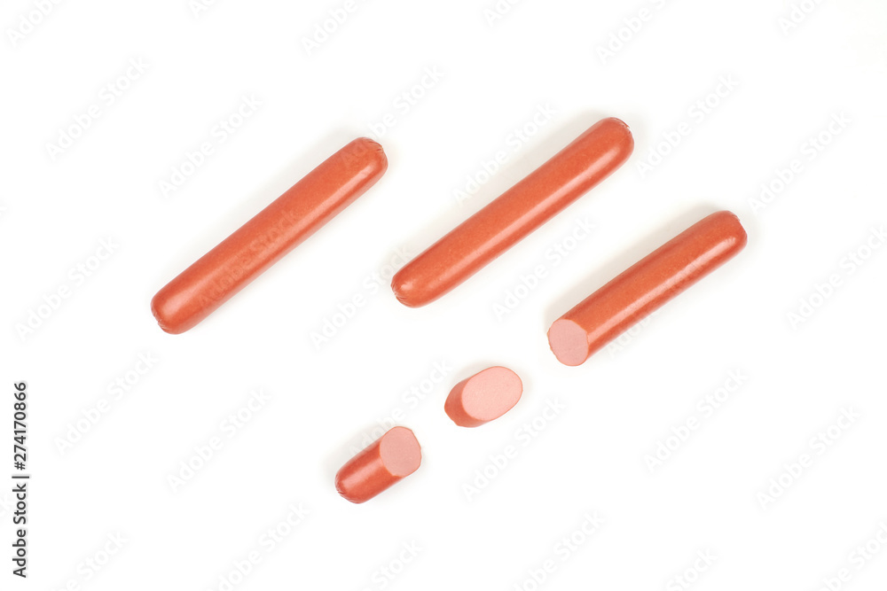 Fresh boiled sausages and slices, isolated on white background Fresh boiled sausages and slices, isolated on white background
