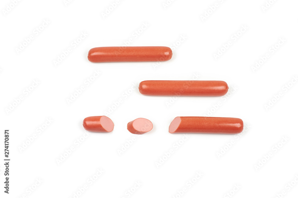 Fresh boiled sausages and slices, isolated on white background Fresh boiled sausages and slices, isolated on white background