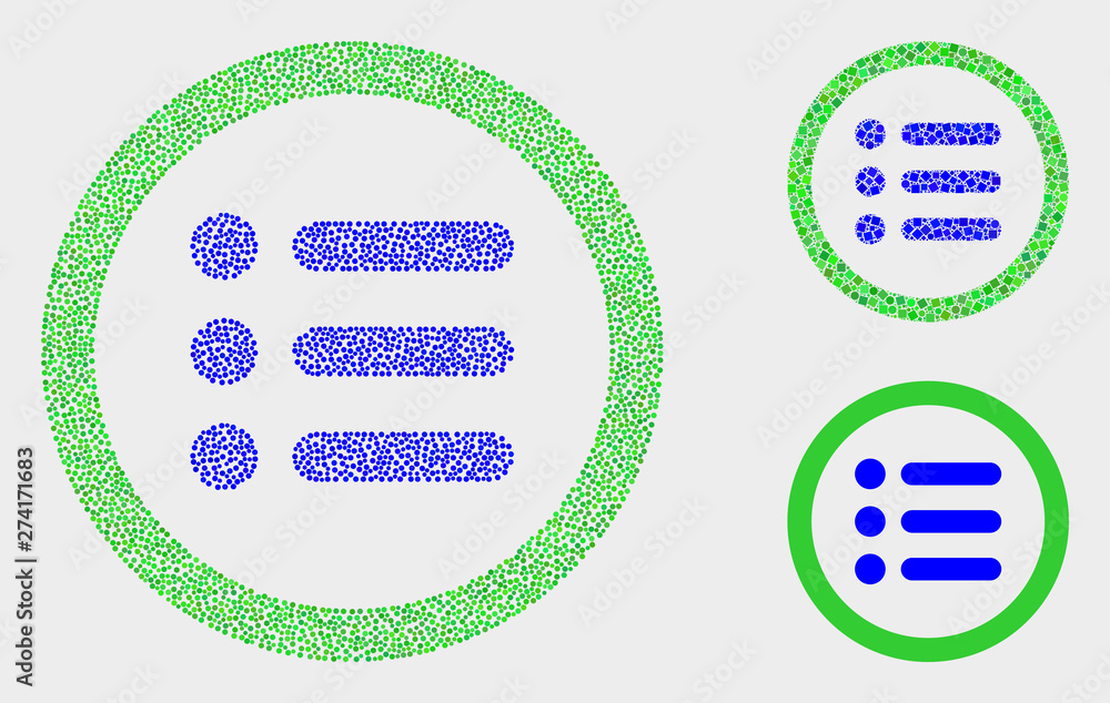 Pixel and mosaic rounded items icons. Vector icon of rounded items formed of random round elements. Other pictogram is formed from square dots.