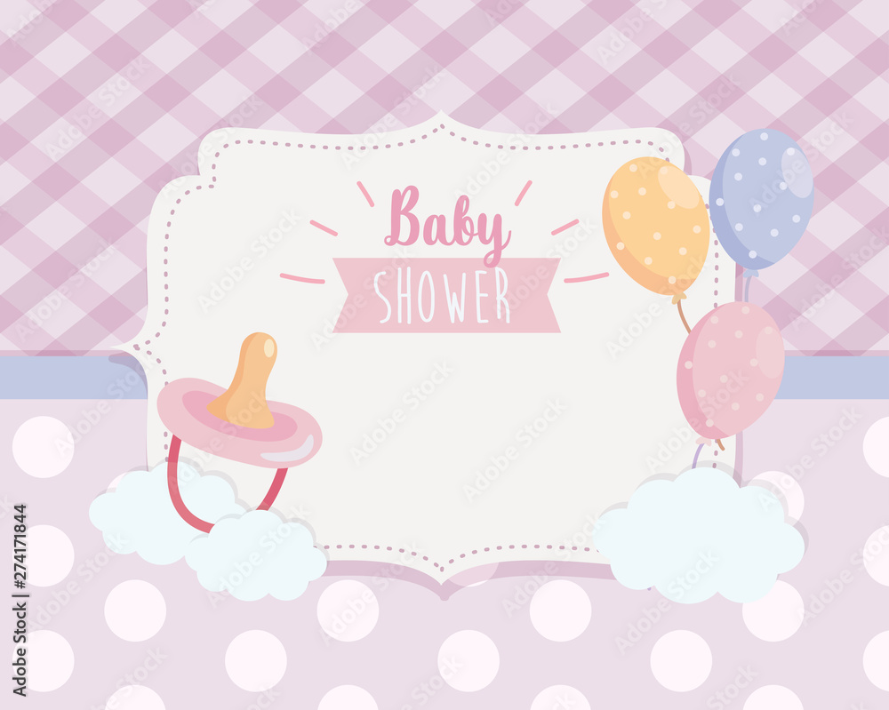 label of pacifier with balloons and ribbon decoration