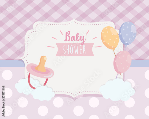 label of pacifier with balloons and ribbon decoration