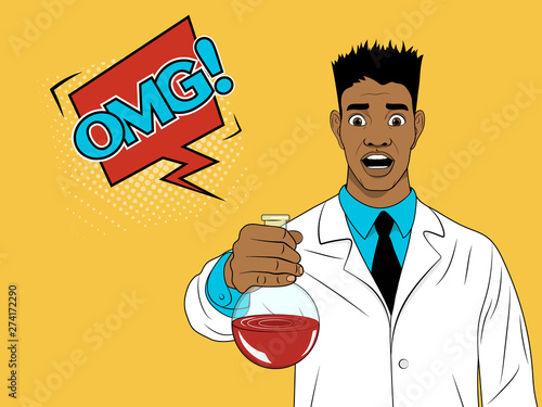 Shocked young scientist holding a flask with a chemical reagent. Yellow background. Speech bubble OMG!. Vector illustration in pop art style