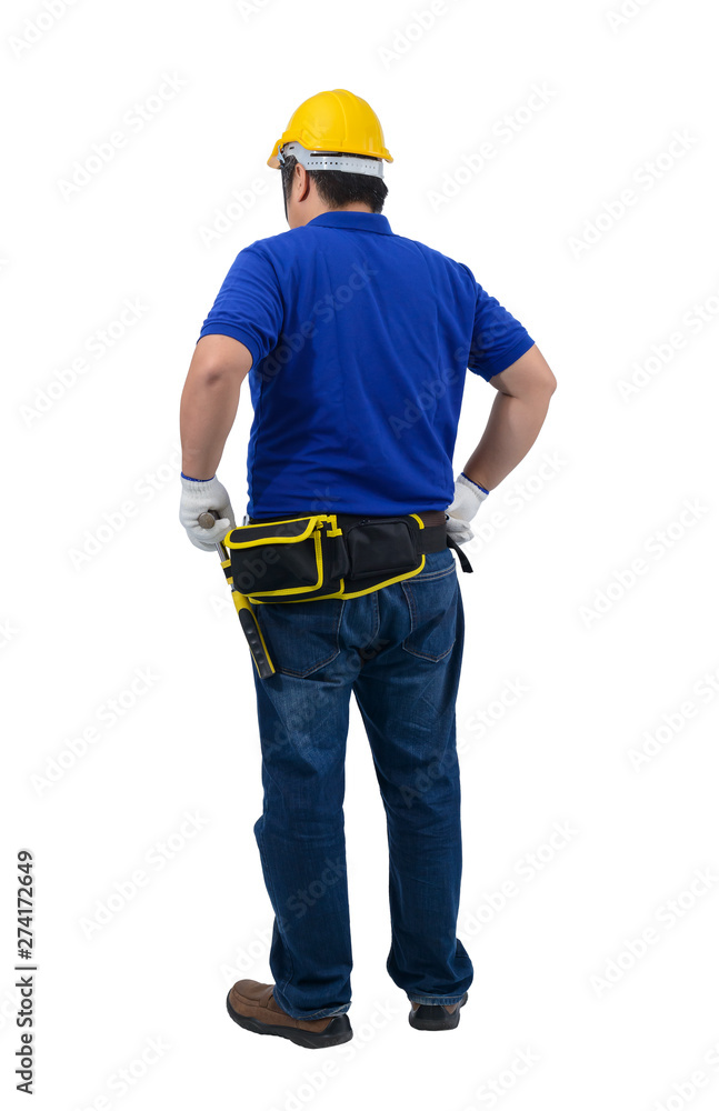 construction man workers in blue shirt with Protective gloves, helmet with tool belt hand holding hammer isolated on white construction man workers in blue shirt with Protective gloves, helmet with tool belt hand holding hammer isolated on white