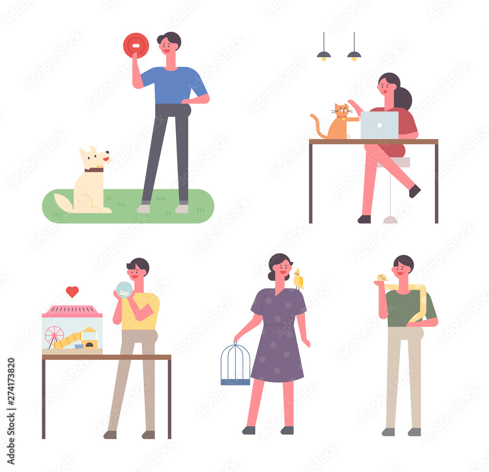 A variety of pets and their owners spend time together. flat design style minimal vector illustration.