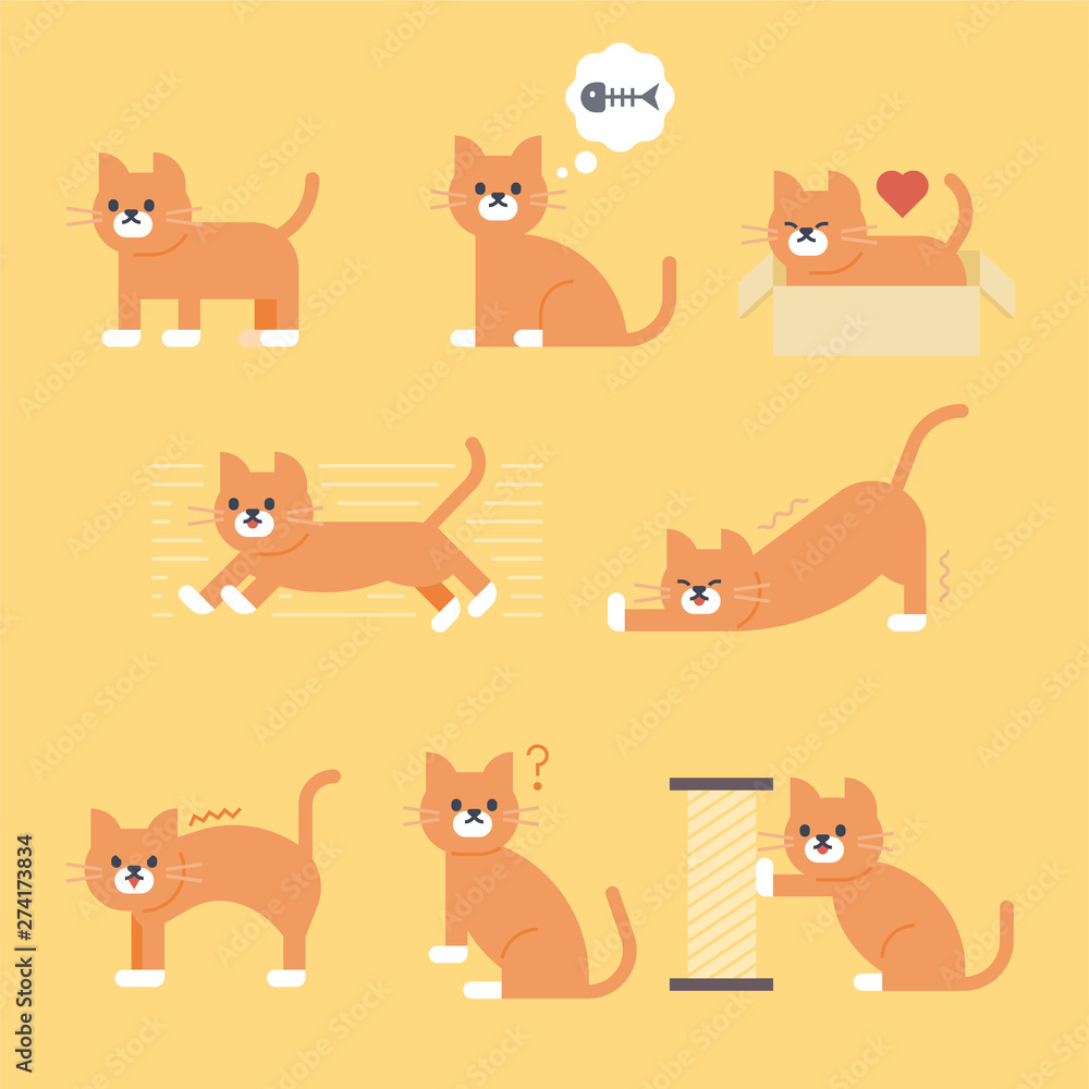 A day of a cute cat. flat design style minimal vector illustration. A day of a cute cat. flat design style minimal vector illustration.