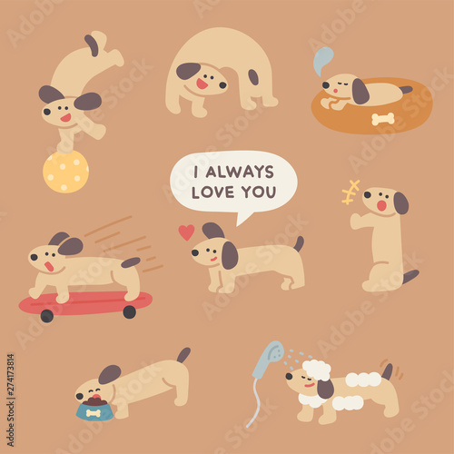 Cute dog day routine. flat design style minimal vector illustration.
