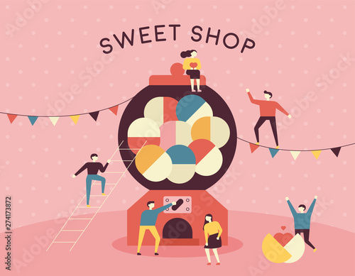 Sweet shop post card. Little people are having fun around the candy machine. flat design style minimal vector illustration.