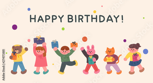A cute friend and animal friend is holding a gift box and is having fun. flat design style minimal vector illustration.