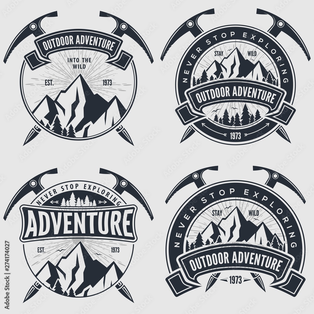 Set of Outdoor Adventure vintage label, badge, logo or emblem. Vector illustration.