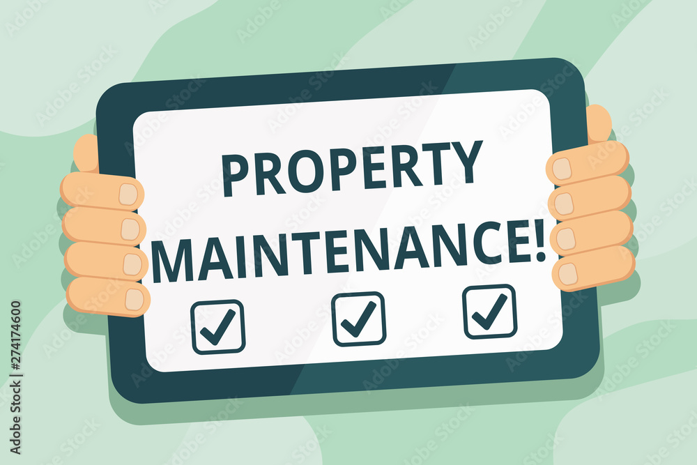Handwriting text Property Maintenance. Conceptual photo refers to overall upkeep of real property or land Color Tablet Smartphone with Blank Screen Handheld from the Back of Gadget Handwriting text Property Maintenance. Conceptual photo refers to overall upkeep of real property or land Color Tablet Smartphone with Blank Screen Handheld from the Back of Gadget