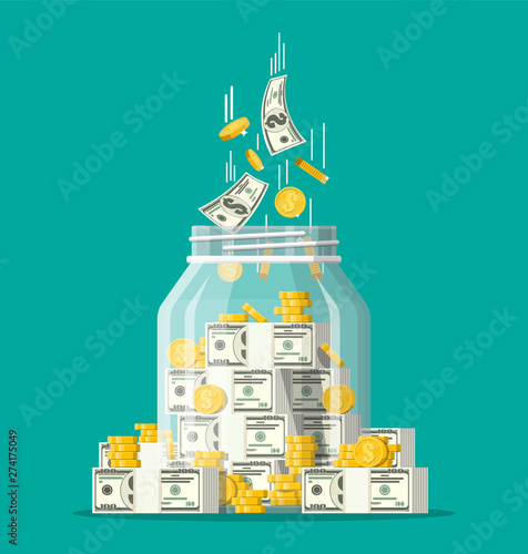 Glass money jar full of gold coins and banknotes. Saving dollar coin in moneybox. Growth, income, savings, investment. Symbol of wealth. Business success. Flat style vector illustration.
