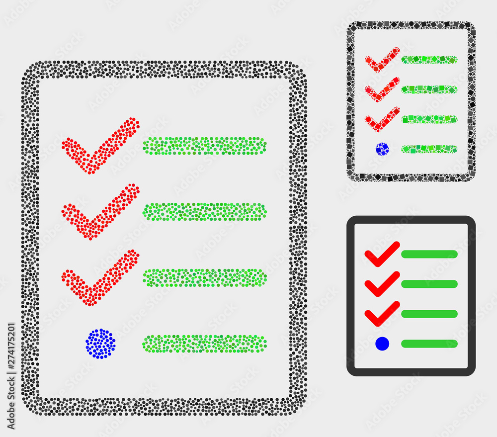 Dotted and mosaic task list page icons. Vector icon of task list page combined with scattered round dots. Other pictogram is combined from square dots.