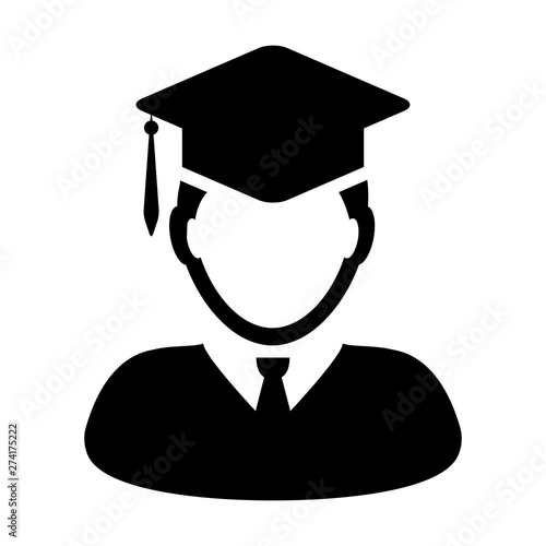 Knowledge icon vector male student person profile avatar with mortar board hat symbol for school, college and university graduation degree in flat color glyph pictogram illustration