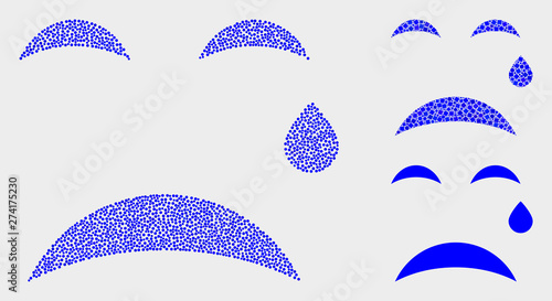 Dotted and mosaic tear smiley icons. Vector icon of tear smiley composed of irregular round elements. Other pictogram is composed from dots.