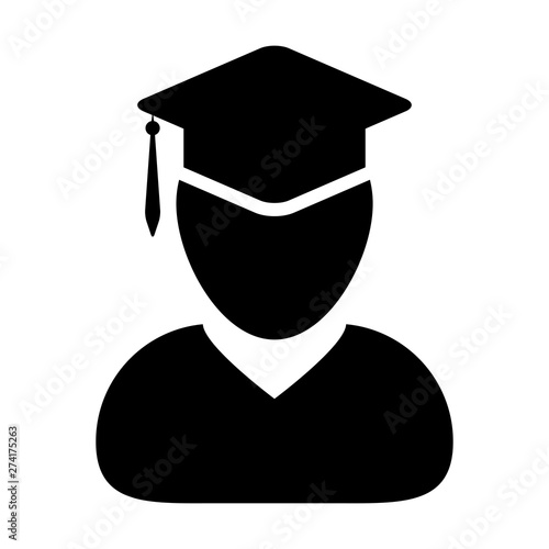 Student icon vector male person profile avatar with mortar board hat symbol for school, college and university graduation degree in flat color glyph pictogram illustration