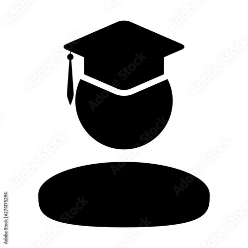 Graduation icon vector male student person profile avatar with mortar board hat symbol for school, college and university degree in flat color glyph pictogram illustration