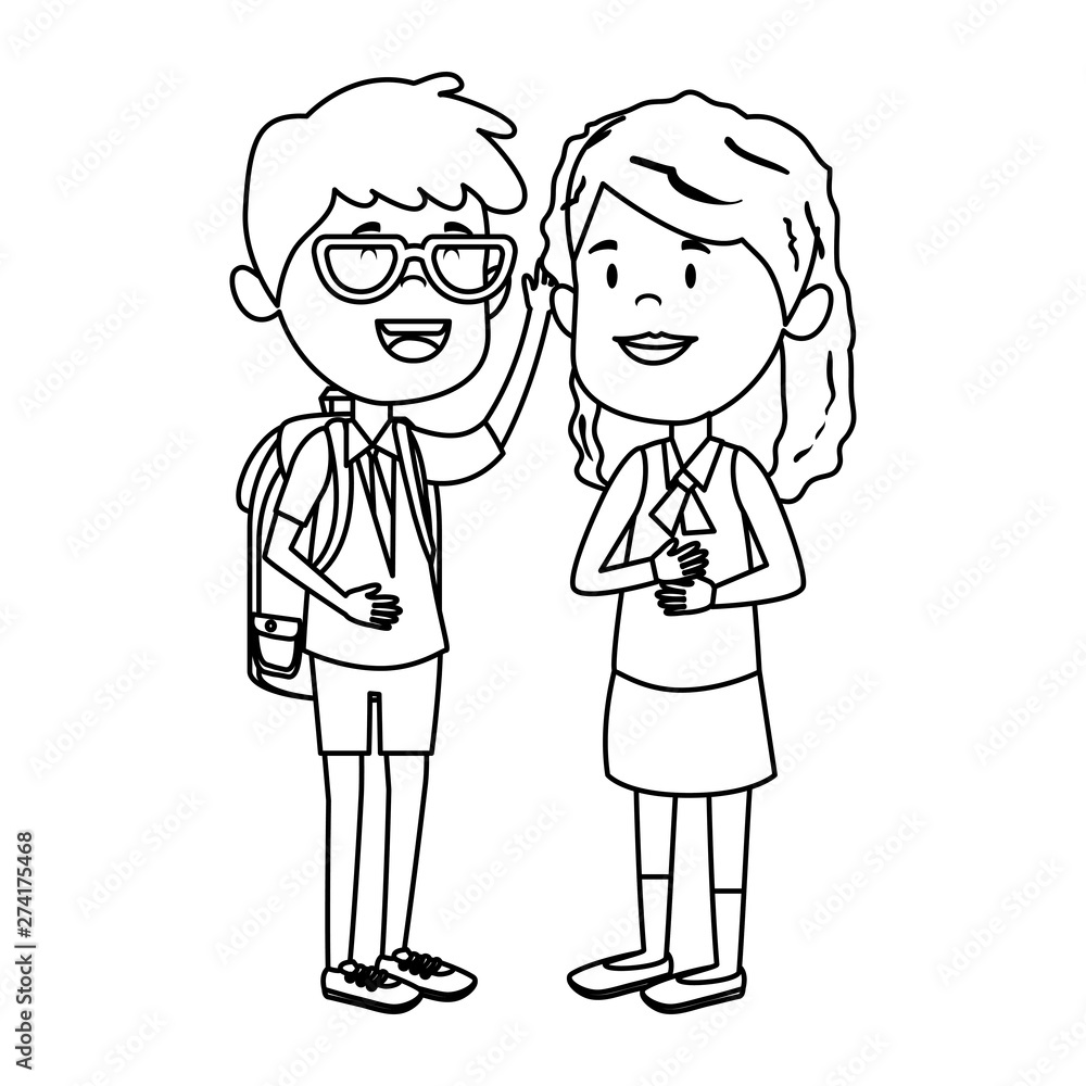 happy little students couple with schoolbag happy little students couple with schoolbag