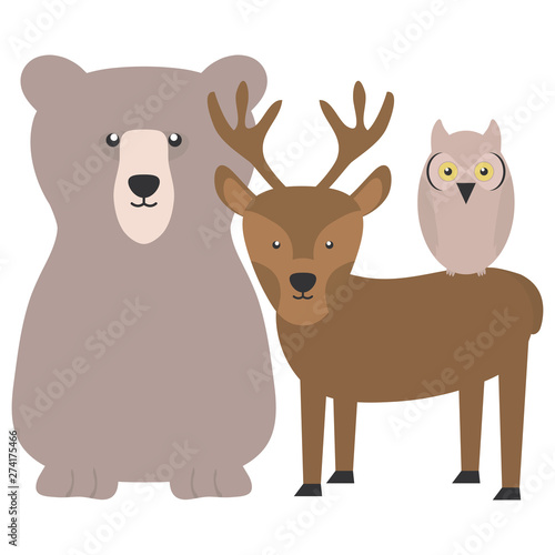 cute bear grizzly with reindeer and owl