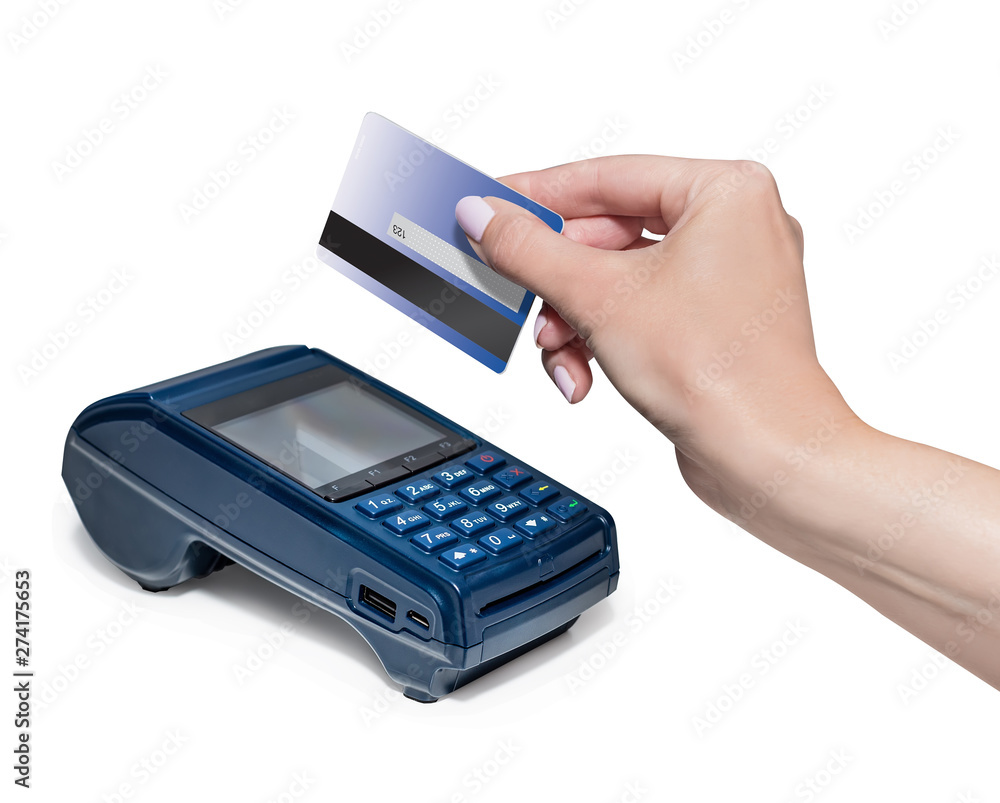 Modern blue payment terminal. Payment with a magnetic tape card. Hand holding a card. Isolated on white. Modern blue payment terminal. Payment with a magnetic tape card. Hand holding a card. Isolated on white.