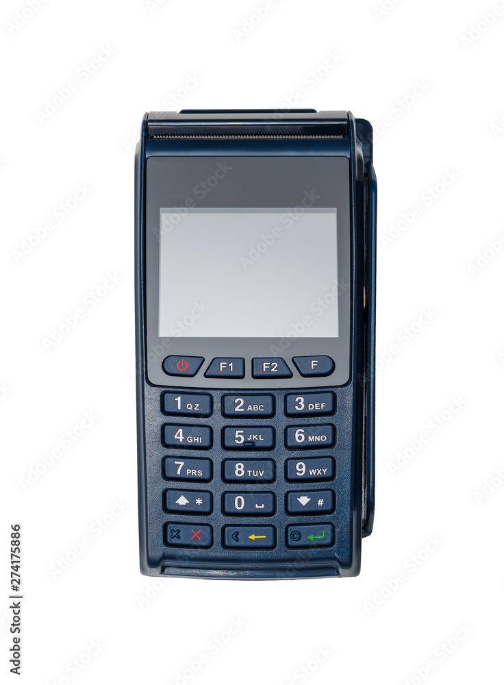 Electronic payment terminal. The case is made of blue plastic. Isolated on white. Electronic payment terminal. The case is made of blue plastic. Isolated on white.