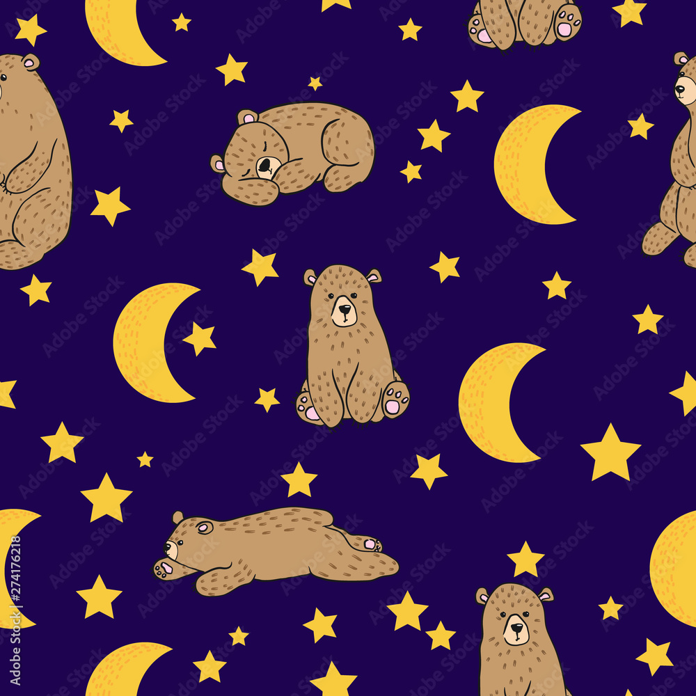 Vector seamless pattern with hand draw cartoons bears with stars and moons on dark blue background skandinavian style. Childish background with cute sleeping bears on night sky