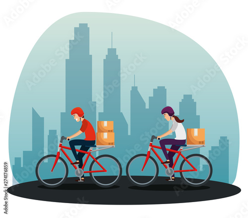 woman and man in the bicycle with boxes packages