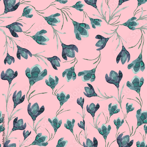 Seamless watercolor pattern with crocuses. Handwork, print for textiles and fabrics.