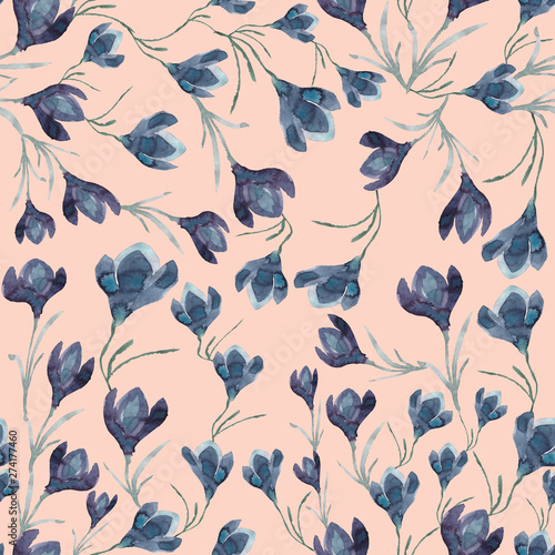 Seamless watercolor pattern with crocuses. Handwork, print for textiles and fabrics.