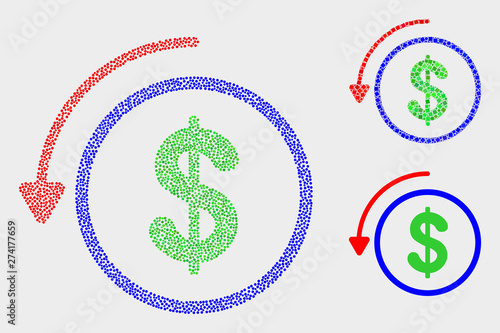 Dot and mosaic undo payment icons. Vector icon of undo payment combined of irregular circle dots. Other pictogram is constructed from dots.