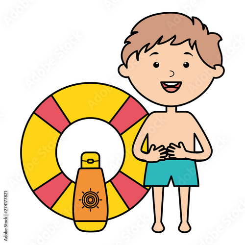 little boy with solar blocker and float