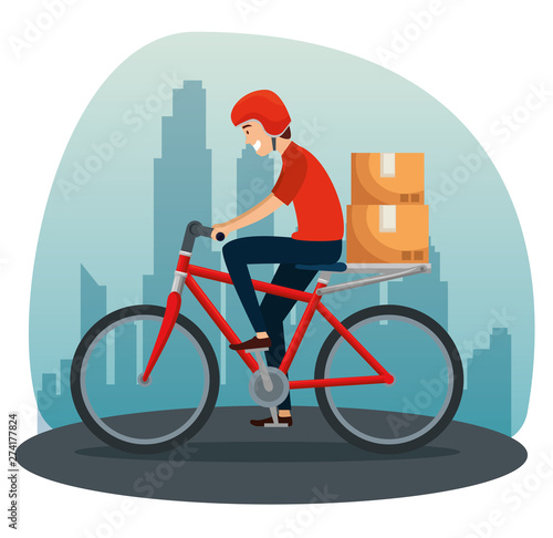 delivery man in the bicycle with boxes packages