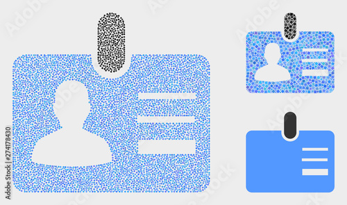 Pixelated and mosaic user id badge icons. Vector icon of user id badge designed of random round points. Other pictogram is designed from square pixels.