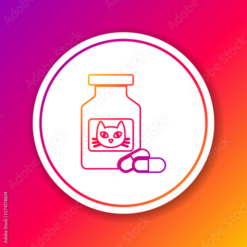 Color Cat medicine bottle and pills line icon isolated on color background. Container with pills. Prescription medicine for animal. Circle white button. Vector Illustration