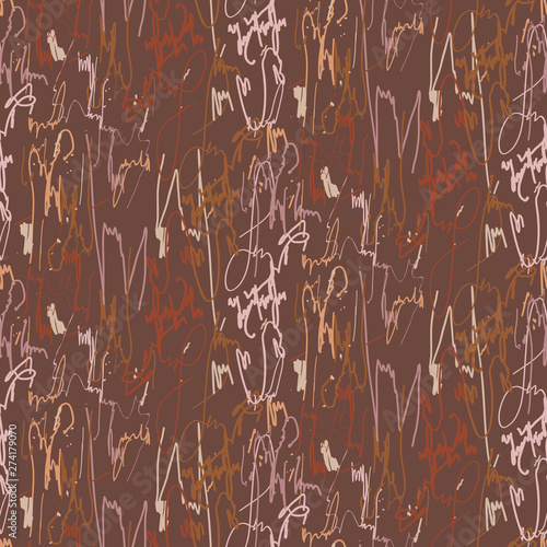 Scribbled signature ink marks rust brown seamless vector pattern.