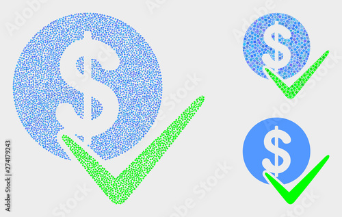 Pixelated and mosaic valid dollar coin icons. Vector icon of valid dollar coin formed with scattered circle elements. Other pictogram is constructed from elements.