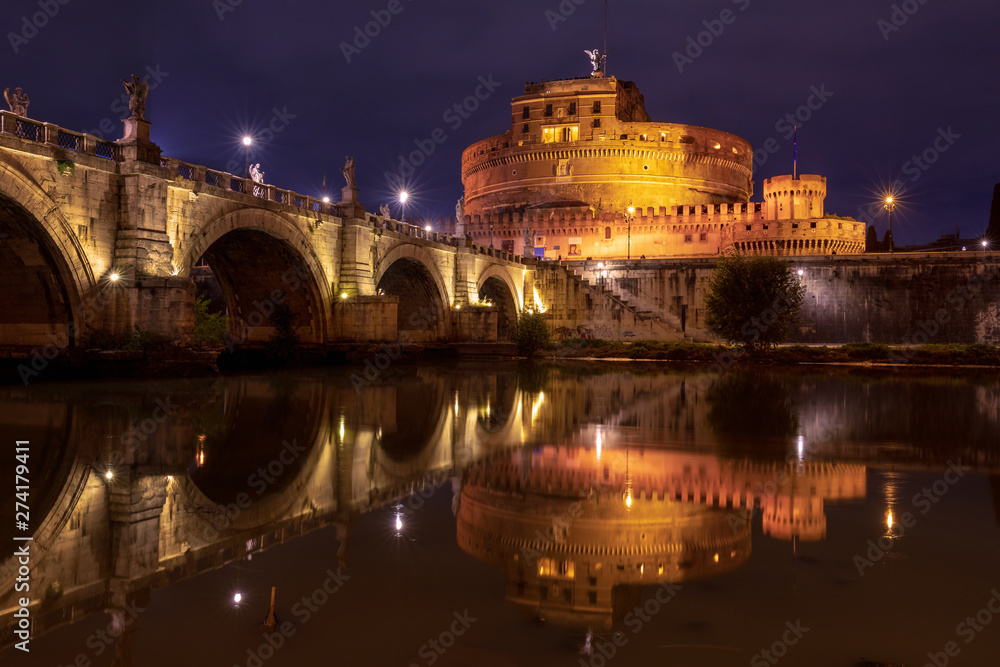 Illuminated Castel Sant'Angelo and Ponte Sant'Angelo bridge at night, Rome, Lazio, Italy Illuminated Castel Sant'Angelo and Ponte Sant'Angelo bridge at night, Rome, Lazio, Italy