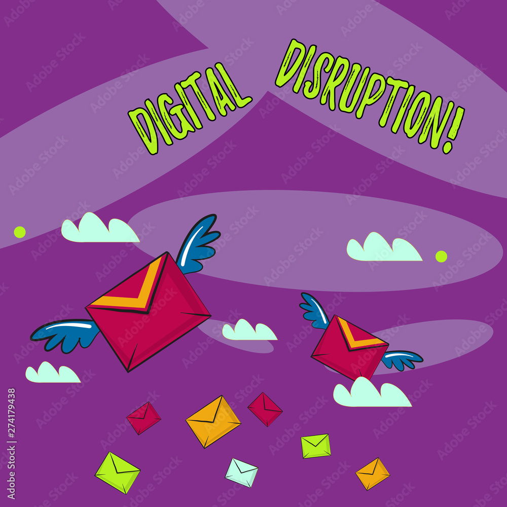 Word writing text Digital Disruption. Business photo showcasing transformation caused by emerging digital technologies Many Colorful Airmail Flying Letter Envelopes and Two of Them with Wings
