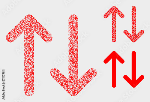 Pixelated and mosaic vertical exchange arrows icons. Vector icon of vertical exchange arrows composed of scattered spheric points. Other pictogram is combined from small rectangles.