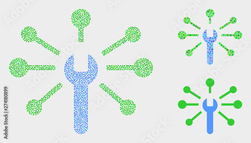 Pixelated and mosaic wrench links icons. Vector icon of wrench links combined of randomized circle dots. Other pictogram is combined from square pixels.