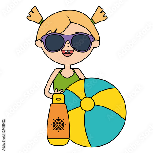 cute little girl with solar blocker and balloon beach