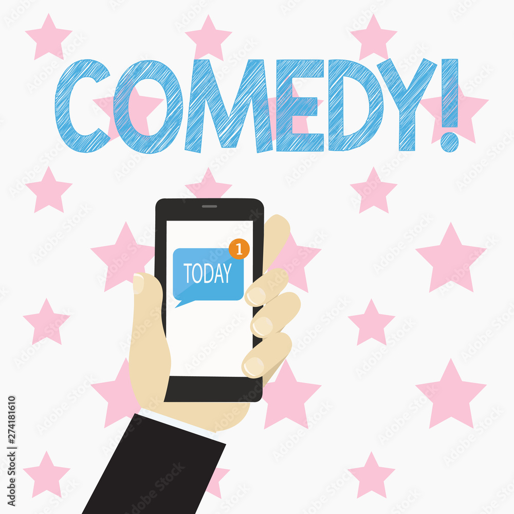Text sign showing Comedy. Business photo text Fun Humor Satire Sitcom Hilarity Joking Entertainment Laughing Human Hand Holding Smartphone with Numbered Unread Blank Message on Screen Text sign showing Comedy. Business photo text Fun Humor Satire Sitcom Hilarity Joking Entertainment Laughing Human Hand Holding Smartphone with Numbered Unread Blank Message on Screen