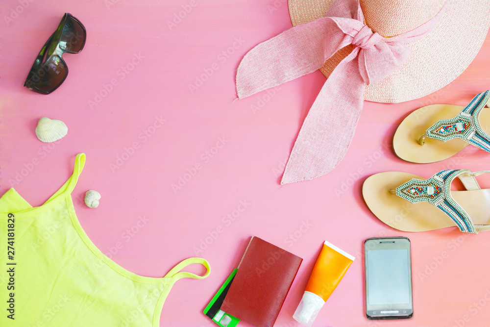 Flat lay of set of female items for the summer holidays. Copy space Flat lay of set of female items for the summer holidays. Copy space