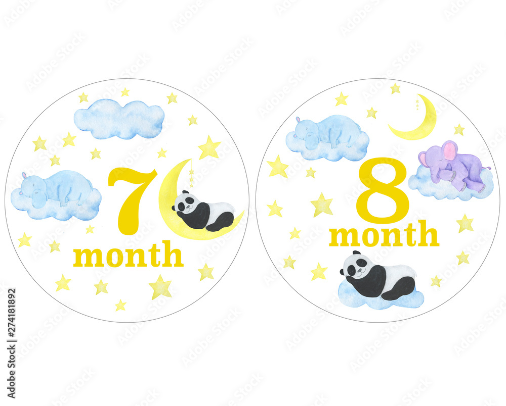 Newborn baby stickers for months watercolor illustrations photo session design stickers scrapbooking greeting cards invitations holiday