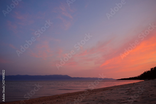 Scenic purple and pink sunrise over the Baikal lake, Russia