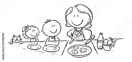 Kids are waiting for pancakes mother is cooking, doodle drawing
