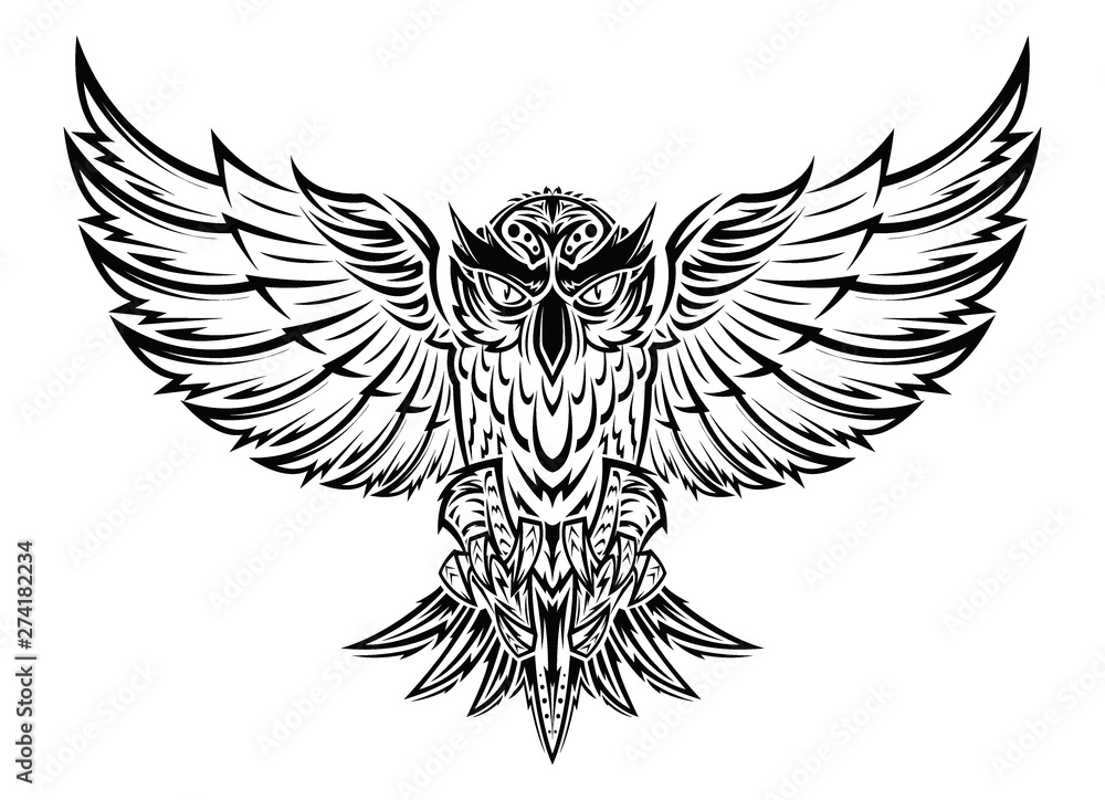 Vector hand drawn flying owl tattoo. Vector hand drawn flying owl tattoo.
